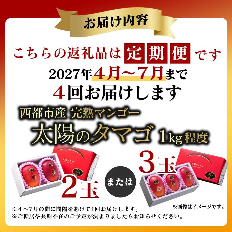 【4回定期便】2027年発送 最高級ブランド「太陽のタマゴ」900g～1kg程度×4回 西都市産完熟マンゴー【先行予約】宮崎完熟マンゴー＜1-11a＞