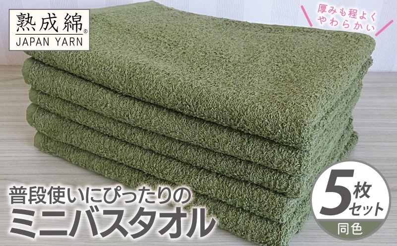 G2277 普段使いにぴったりのミニバスタオル 5枚【グリーン 泉州タオル 高品質 綿100％ 日本製 国産 単色 シンプル】