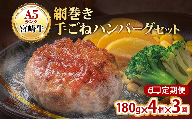 ハンバーグ 定期便 3ヶ月 A5ランク 宮崎牛 180g 4個 セット 国産 工場直売 惣菜 食品