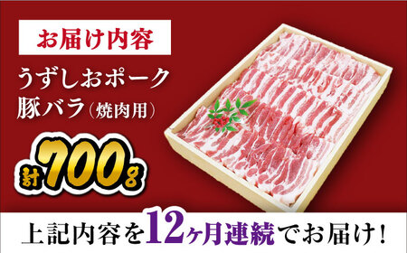 【訳あり】【12回定期便】徹底した衛生管理・生育環境で育った　うずしおポーク　豚バラ焼肉用　月1回約700g＜スーパーウエスト＞［CAG022］