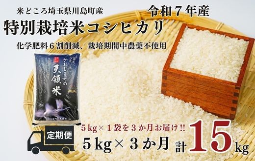
            定期便3か月【令和7年度産　特別栽培米】埼玉県かわじま町　天領米（コシヒカリ） 5kg×1袋　計15kg
          