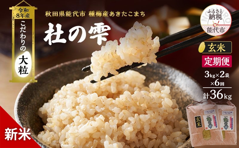 
                  新米 先行予約 令和8年産 定期便 [玄米]秋田県産 あきたこまち 6kg(3kg×2)  全6回 毎月お届け「杜の雫」こだわりの大粒 種梅産【お米 たねうめ 玄米 精米 ご飯 ブランド米 大粒 おにぎり 産地直送 おこめ ごはん】
                