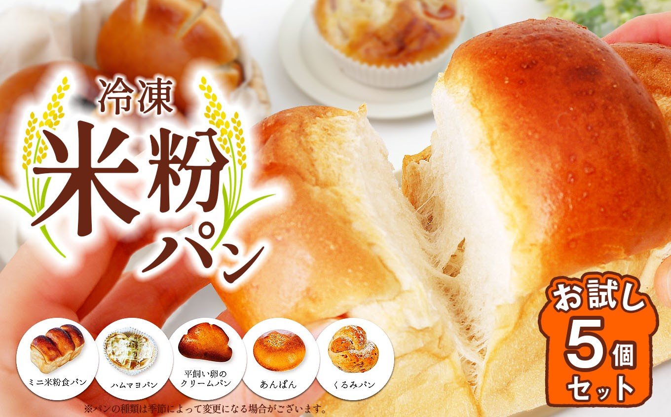 
            【選べる回数 1回・3回・6回】　冷凍米粉パン お試し5個セット | 定期便 定期 穴太商店 あのう パン 米粉パン ぱん 米粉 冷凍 冷凍食品 詰合せ セット 5種 自家製 おためし オススメ 千葉県 君津市 きみつ
          