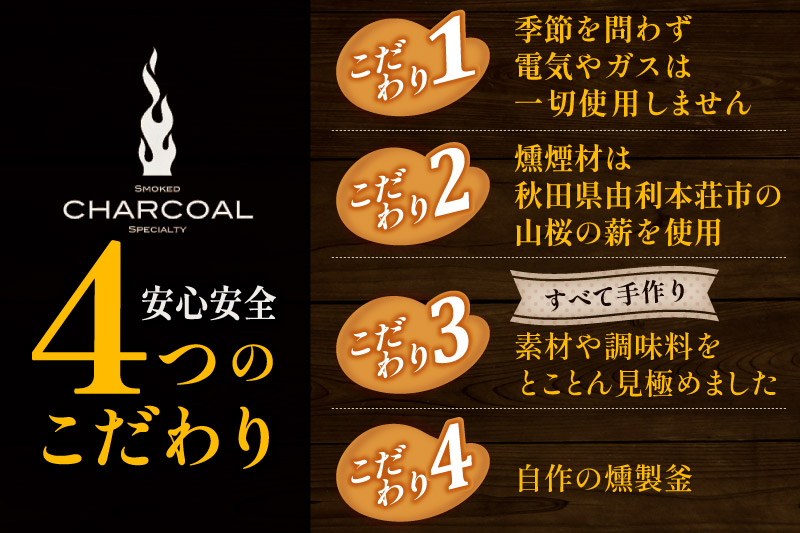 燻製屋チャコール 秋田づくし自家製燻製詰め合わせ 6種(比内地鶏燻製味比べ、秋田燻たま、いぶりがっこ、たこ燻製、やわらかベーコン豚バラ肉の燻製、豚肩ロース肉燻製)|08_ikc-120101