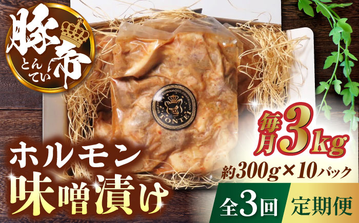 
【3回定期便】豚帝 豚 ホルモン 味噌漬け 3kg (300g×10)【KRAZY MEAT(小田畜産)】 豚 ホルモン 国産 熊本県 味付き [ZCP111]
