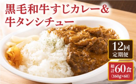 【全12回定期便】 黒毛和牛 牛すじカレー ＆ 牛タンシチュー 毎月5食  長与町/炭火焼肉あおい [EBW005]  黒毛和牛 カレー かれー レトルト 牛タン 牛たん シチュー しちゅー 簡単 常温 定期便 定期 ていきびん