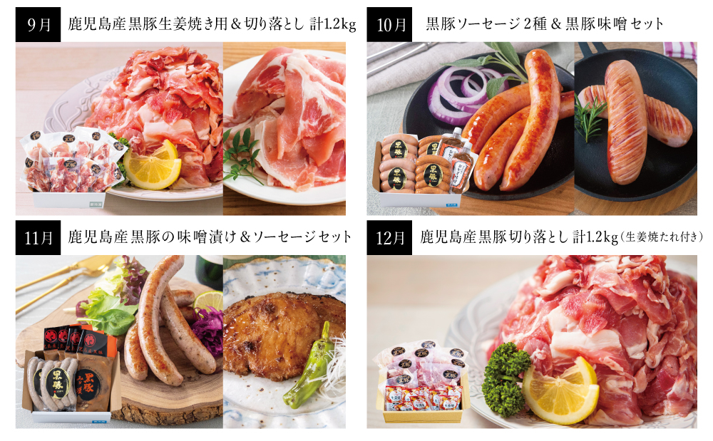 【毎月届く定期便】黒豚のプロフェッショナル「コワダヤ」の厳選黒豚味わい尽くしコース（全12回） しゃぶしゃぶ 生姜焼き 焼き豚 焼豚 ウインナー ソーセージ ロース 切落し 切り落とし 鹿児島県産 冷