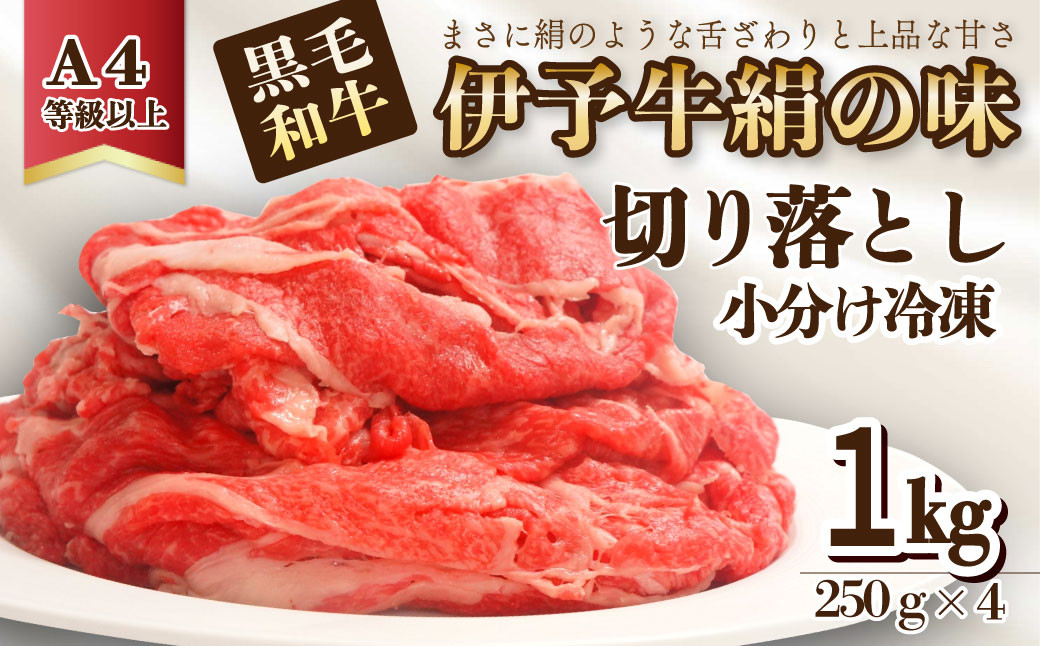 
★当店人気No.1★「伊予牛絹の味 牛切り落とし250ｇ×４(冷凍)」 1㎏ 小分け 黒毛和牛 A4以上
