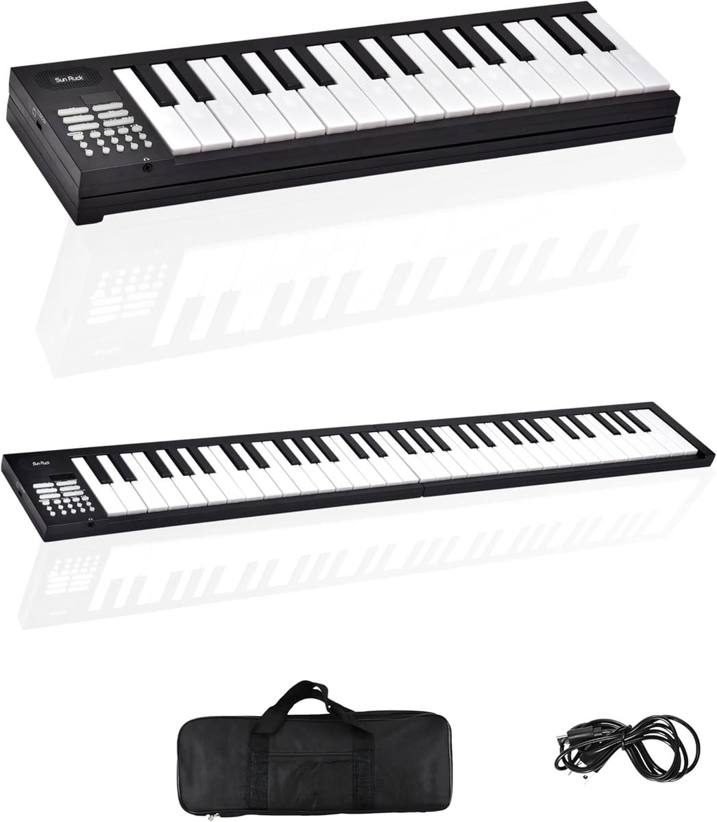 折りたたみ 電子ピアノ 61鍵盤 日本語表記 充電式 ワイヤレス 入門用 初心者 大人 子供 電子キーボード 電子 ピアノ キーボード 折りたたみ式 折り畳み 練習 楽器 録音 再生 リズム 音色 自動伴奏 スリム SunRuck SR-DP08F-BK