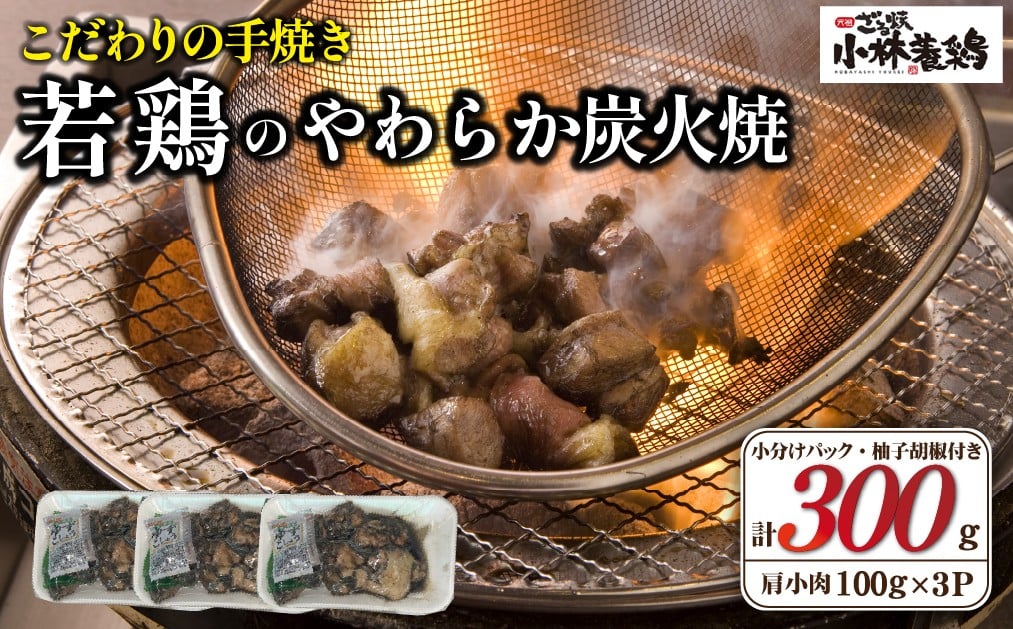 
            【テレビで紹介！元祖ざる焼き小林養鶏】やわらか炭火焼100g×3Pセット（鶏肉 肉 鶏炭火 炭火焼き 若鶏 小分け 真空パック 鳥肉 焼き鳥）
          