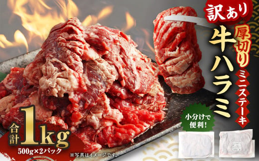 【訳あり】 厚切り牛ハラミ ミニステーキ 500g×2パック 合計1kg 牛肉 肉 ステーキ 焼肉 焼き肉 ハラミ 熊本県 水上村