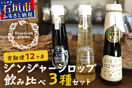 ジンジャーシロップ3本セット飲み⽐べ 12ケ⽉ 定期便　HW-2　【沖縄県石垣市 沖縄 沖縄県 琉球 八重山 八重山諸島 石垣 石垣島 送料無料 ⽯垣島産⽣姜 生姜 シロップ ジンジャー ジンジャーシロップ グラニュー糖 黒糖 砂糖 ⾚唐⾟⼦ 果汁 塩 ⽯垣の塩 レモングラス レモン フルーツ ミント  ギフト 国産】