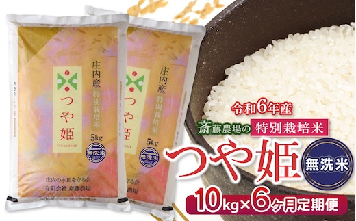 
										
										【定期便6ヶ月】【令和6年産】斎藤農場の特別栽培米 つや姫 【無洗米】 10kg（5kg×2袋）×6ヶ月 K-648
									