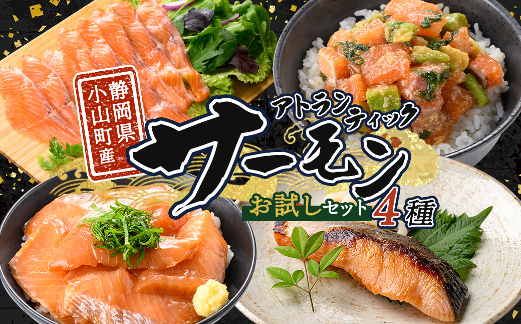 小山町産 アトランティックサーモン (冷凍) お試しセット 4種 ｜ サーモン アトランティックサーモン 鮭 刺身 魚介 海鮮 海鮮丼 ポキ丼 スモークサーモン 漬け 漬け丼 西京漬け 西京焼き 詰合せ 詰め合わせ セット