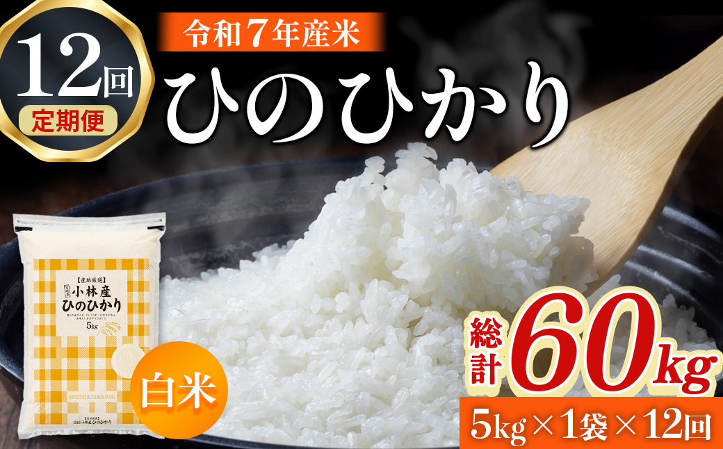 【ET026】【定期便 全12回】令和7年産米 ヒノヒカリ 5kg×12回 計60kg（お米 米 新米 ヒノヒカリ 国産 人気 お弁当 宮崎県 小林市）