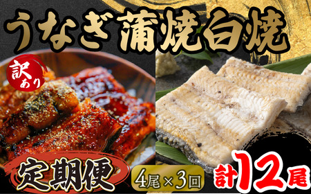 定期便 3回 訳あり うなぎ 蒲焼 白焼き 各2尾 150g以上 × 4本入 計12尾 食べ比べセット 計1800g 以上 ( 鰻 3ヶ月 定期 さんしょう 入り  4匹 冷凍 鰻 白焼 白焼き 蒲焼 蒲焼き うな丼 うな重 ひつまぶし 人気 惣菜 海鮮 贈答用 プレゼント 贈り物 ギフト 滋賀県 竜王町 ふるさと納税 )