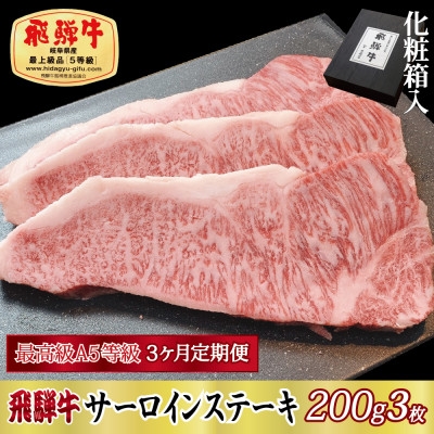 
                  ＜毎月定期便＞化粧箱入 最高級A5等級 飛騨牛 サーロインステーキ 200g×3枚　全3回【4053796】
                