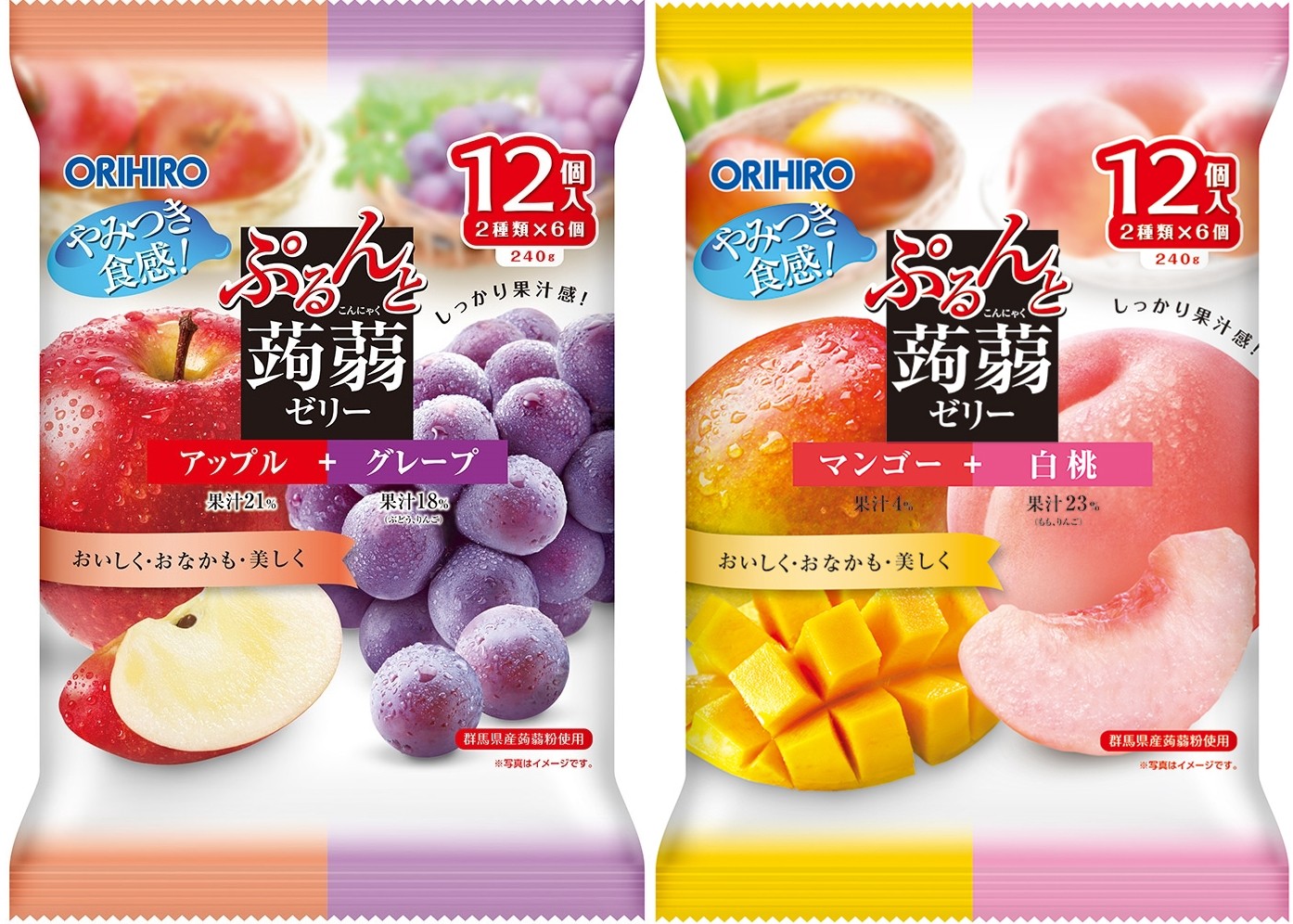 
                  【25180】≪オリヒロ≫ぷるんと蒟蒻ゼリーパウチ　アップル＋グレープ、マンゴー＋白桃　2種　計12袋
                