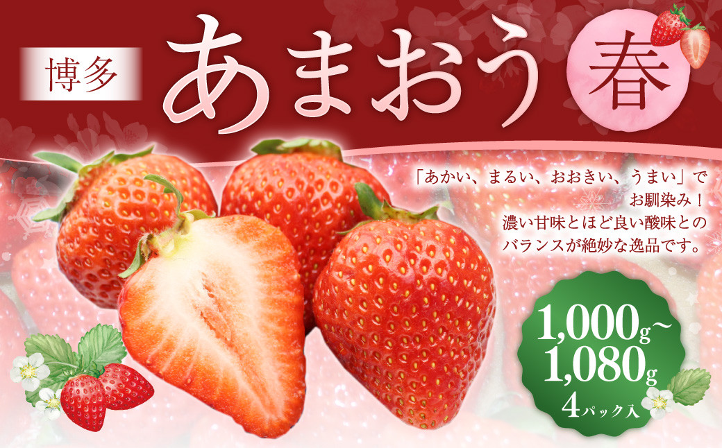 
            博多あまおう4パック（春） 250g～270g×4パック 合計約1000g～1080g あまおう いちご 苺 イチゴ フルーツ 果物 くだもの【2026年2月上旬-4月下旬発送予定】
          