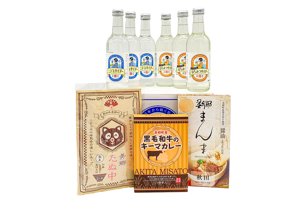 ニテコサイダー3本・はちみつサイダー3本とたぬ中・キーマカレー・美郷まんまのセット 炭酸飲料 カレー キーマカレー レトルト 中華麺 まぜごはん