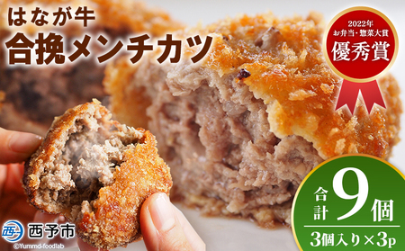 ＜はなが牛を使用した合挽メンチカツ 計9個＞ 3個入り オリジナル おつまみ 手作り 肉肉しい お肉 牛肉 はなが牛 国産 メンチカツ 肉加工品 冷凍食品 揚げ物 おかず 夕食 特産品 ゆうぼく 愛媛県 西予市 【冷凍】『1か月以内に順次出荷』 UYB0034