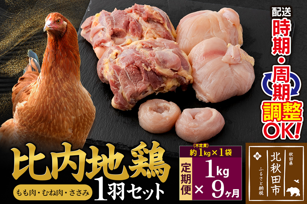 
            《定期便9ヶ月》 比内地鶏 1羽セット（もも肉・むね肉・ささみ）約1kg（約1kg（不定貫）×1袋）×9回 計9kg 時期選べる お届け周期調整可能 9か月 9ヵ月 9カ月 9ケ月 9キロ 国産 冷凍 正肉 鶏肉 鳥肉
          