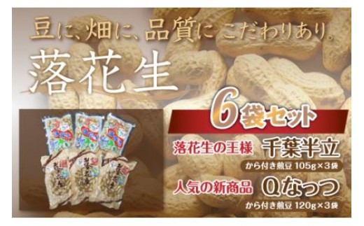 
                  千葉県 大網白里市産 落花生千葉半立、Qナッツさやつき煎り豆6袋セット 落花生 おつまみ 千葉県産 大網白里市 送料無料
                