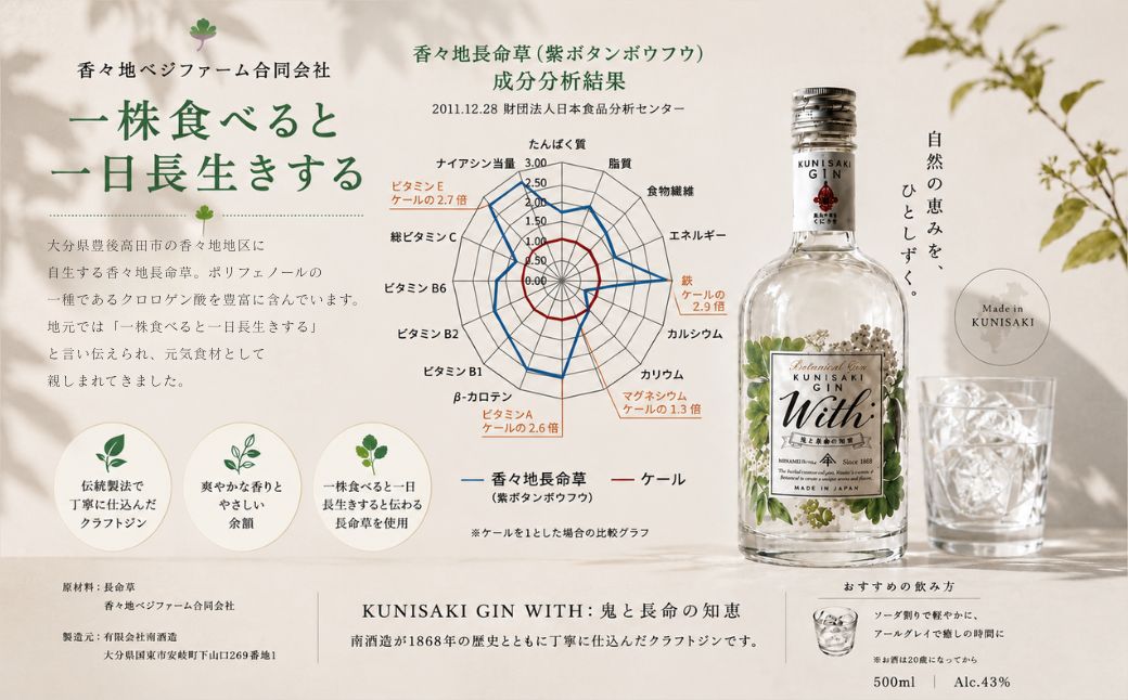 薬草クラフトジン With:鬼と長命の知恵 43度 500ml×1本 | お酒 ジン アルコール 蒸留酒 スピリッツ 国産 九州 大分県 豊後高田市
