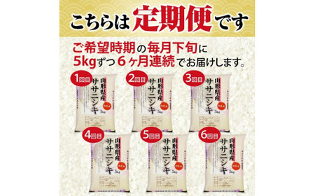 1389T04　【定期便】無洗米ササニシキ5kg×6ヶ月連続（4月～9月）