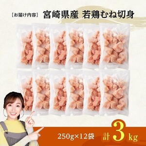 ※令和8年5月発送※宮崎県産若鶏　むね切身IQF3kg（250g×12） 【 宮崎県産 真空パック 国産 九州産 鶏肉 若鶏 肉 とり むね ムネ肉 宮崎県 川南町 送料無料 】