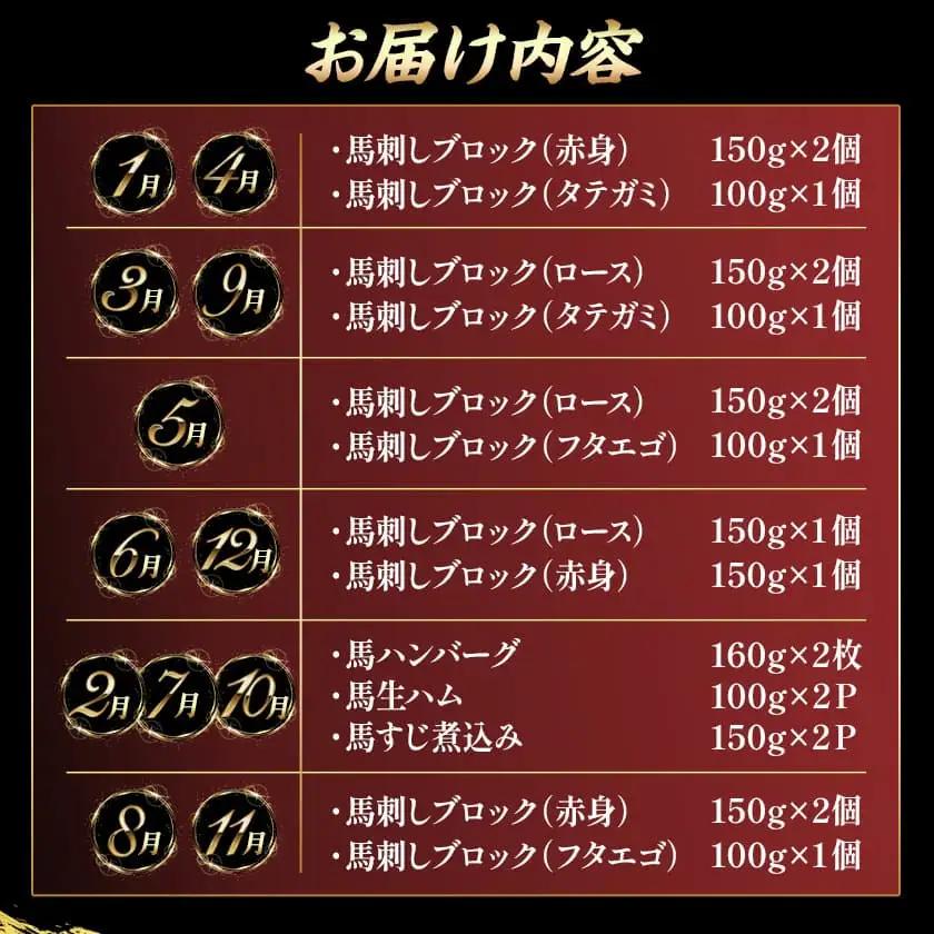 都城産馬!馬!馬尽くし定期便(10ヵ月)〔T80(10)-0101〕_(都城市) 定期便 馬刺しブロック ( ロース 赤身 タテガミ フタエゴ )  馬ハンバーグ 馬生ハム 馬すじ煮込み 10ヵ月定期