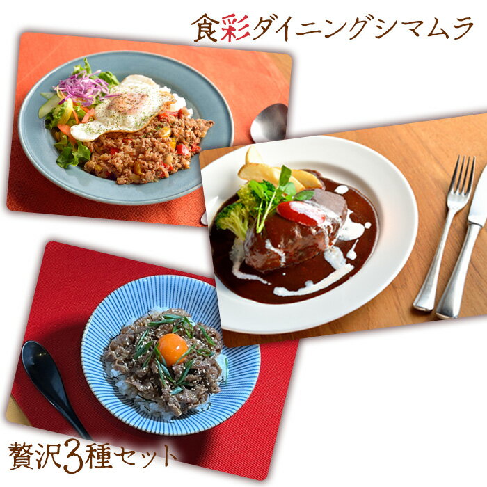 【ふるさと納税】No.714 食彩ダイニングシマムラ　贅沢3種セット ／ 和牛 煮込み ハンバーグ ガパオライス ガパオサラダ 焼肉 デミグラス 送料無料 茨城県