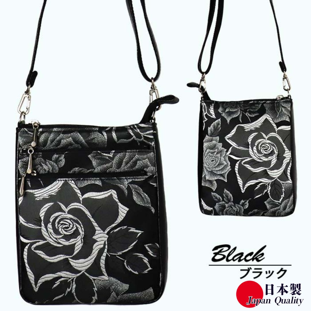 【ふるさと納税】ローズ柄 ブラック ポシェット BR-62 縦型 日本製 ミニショルダーバッグ レディース ／ まちづくり観光振興機構 傘生地 ブロケード織り 旅行 ウォーキング 防水 奈良県 田原本町