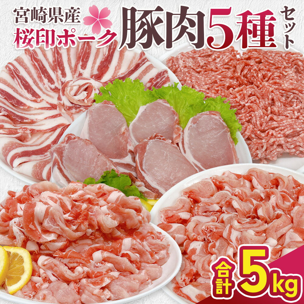 【ふるさと納税】宮崎県産 豚肉 桜印ポーク5種セット (ローススライス / バラスライス / ロースカツ / 切り落とし / ミンチ) 合計5000g 5kg 小分け 冷凍 国産 送料無料 九州産 肉 お肉 豚 詰め合わせ