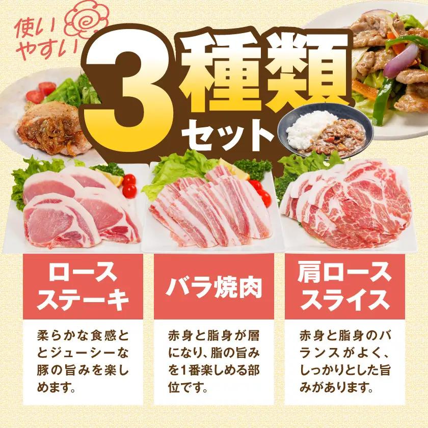 「どんぐりの恵み豚」3種バラエティ1.2kg(真空パック)〔13-11-001〕_(都城市) 都城産 都城産ブランド豚 どんぐりの恵み豚 どんぐり粉飼料 ステーキ スライス 焼肉 豚肉