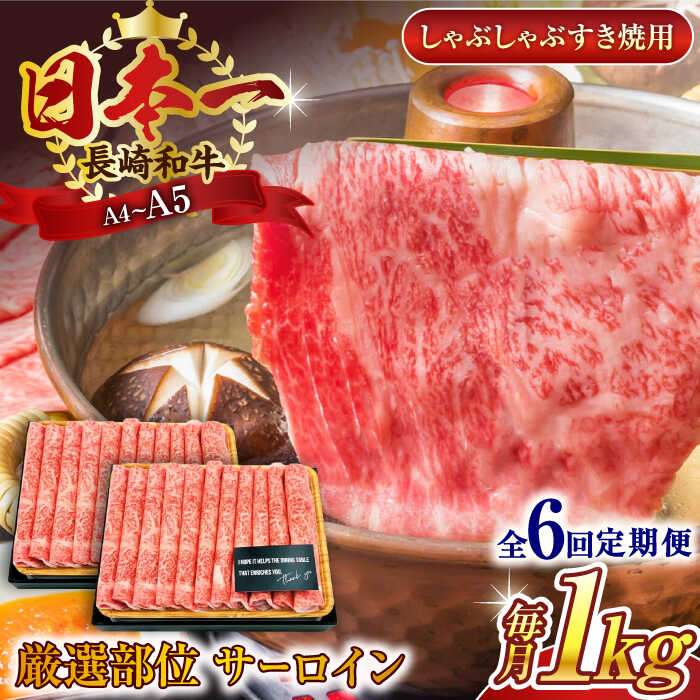 【ふるさと納税】【全6回定期便】【厳選部位】【A4〜A5】長崎和牛サーロインしゃぶしゃぶすき焼き用　1kg（500g×2p）【株式会社 MEAT PLUS】[QBS088]
