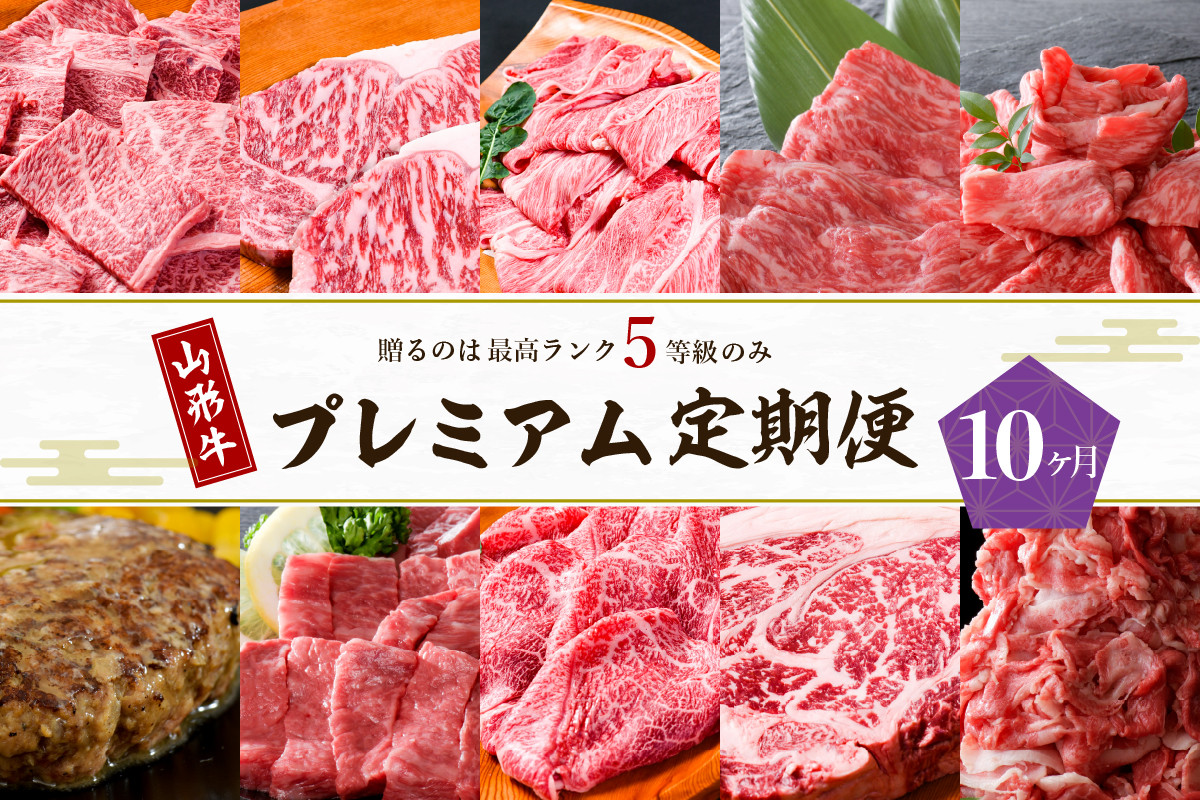 
                  【数量限定】山形牛 最高級 プレミアム10ヶ月定期便 ～贈る山形牛は【最高ランク】5等級のみ!～ (定期便 山形牛 ブランド牛 プレミアム 5等級 最高級 A5 牛肉 肉 黒毛和牛 ステーキ すき焼き 焼肉 切り落とし 定期便 毎月お届け お取り寄せ 高級 グルメ ご褒美 贅沢 数量限定 送料無料 山形県 河北町 贈答 ギフト プレゼント 産地直送 特産品)
                