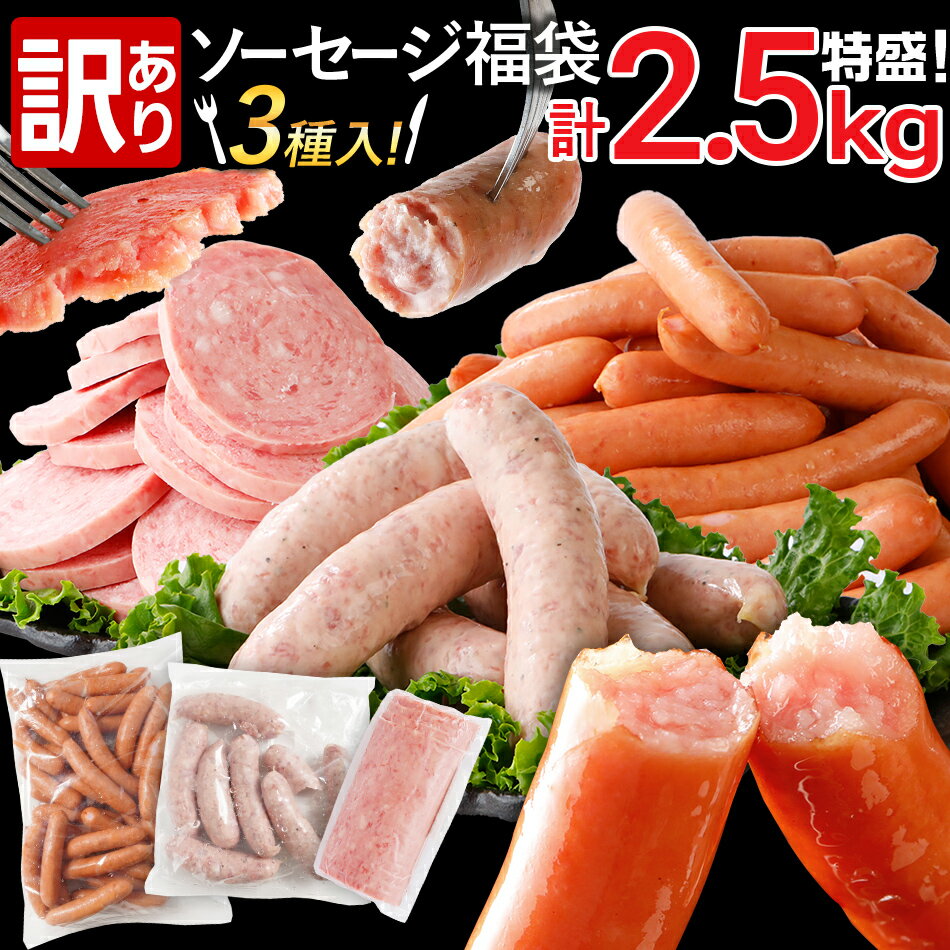 【ふるさと納税】訳あり！特盛！ソーセージ食べ比べまんぷく福袋 合計2.5kg！ おかず 惣菜 ウインナー ソーセージ 3種 大容量 粗挽き お弁当 食べ比べ 冷凍 ストック おつまみ 博多の薫り やみつきJUMBO ボロニア