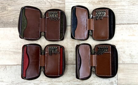 26-750．スマートキーや名刺も収納できる・手縫いの本革「キーケース4連（ファスナー付き）」【カラー：4色よりお選びください】