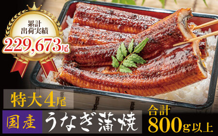 M61-74 国産うなぎ蒲焼特大サイズ4尾（計800g以上）鰻蒲焼用タレ・山椒付 うなぎ生産量日本一鹿児島県産・宮崎県産