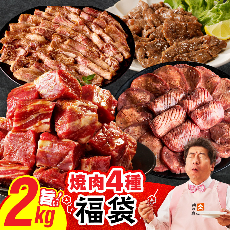 2025年 焼肉 福袋 4種 2kg【氷温熟成×特製ダレ 500g 小分け 牛肉 牛タン ヒレ ハラミ バラ 数量限定】 mrz0336