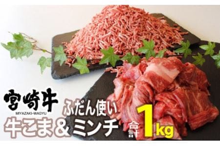 宮崎牛 こま肉とミンチのセット 1kg【肉 牛肉 国産 黒毛和牛 肉質等級4等級以上 4等級 5等級 牛挽肉 牛小間】