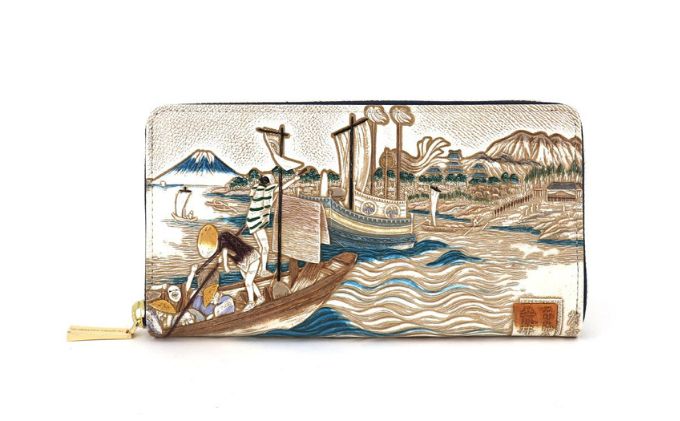 【文庫屋大関】大容量　ぐるっとファスナーの長財布　浮世絵　荒井宿【皮革工芸品】 ファッション 小物 仕切り カードポケット ロングポケット 