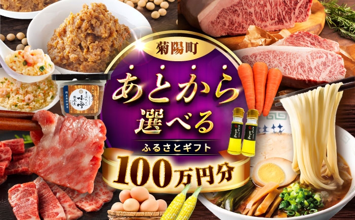 
            【あとから選べる】菊陽町ふるさとギフト 100万円分 / 肉 カメラ ラーメン ハンバーグ ハラペーニョ 馬刺し 味噌 セレクト あとから 野菜 ギフト 選ぶ ゆっくり 熊本県 菊陽町[BHZY011]
          