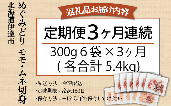 定期便 3カ月 連続 3回 北海道産 めぐみどり もも むね 各1.8kg 切身 モモ 鶏もも 鶏モモ ムネ 鶏むね 鶏ムネ 鶏肉 チキン 銘柄鶏 肉 冷凍 小分け 便利 時短 唐揚 焼鳥 鍋 ソテー