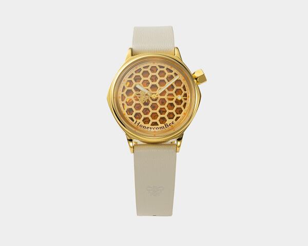 【ふるさと納税】腕時計「ハニカムビー（HoneycomBee）」　クリーム　 腕時計 時計 ハニカム ハニカム模様 蜂の巣 ミツバチ モチーフ 環境 自然派 アップルレザー ヴィーガンレザー 植物由来 復刻堂 安曇野 安曇野市 長野 長野県 信州