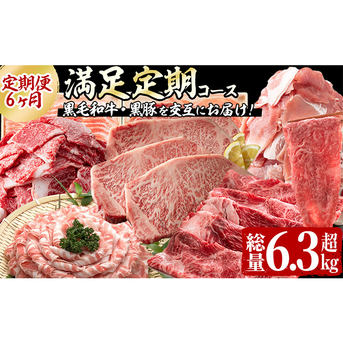 【定期便全6回】黒毛和牛・黒豚を交互にお届け！＜志布志牛・豚 満足定期コース＞計6.3kg超！ t0100-026