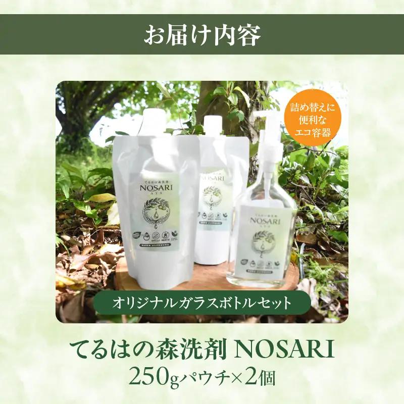 てるはの森洗剤NOSARI 500g（250g×2）パウチ オリジナルガラスボトル 洗剤 洗濯洗剤 日用品 南九州産 よもぎ蒸留水 柑橘精油 綾の名水 合成香料不使用 マイクロカプセル不使用 おすすめ