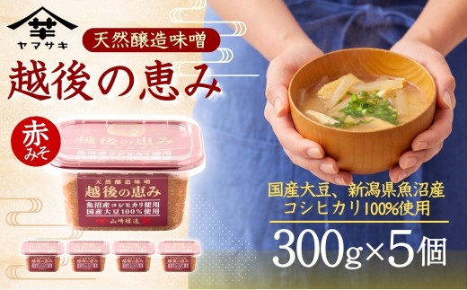 【天然醸造味噌 越後の恵み 赤みそ 300g×5個】魚沼産コシヒカリ麹使用 国産大豆 山崎醸造 | 味噌 みそ 越後みそ 赤みそ 天然醸造 米みそ 魚沼産コシヒカリ 米こうじ 麹 発酵食品 調味料 辛口 にいがた おぢや 新潟県 小千谷市 【0002-0230-01】