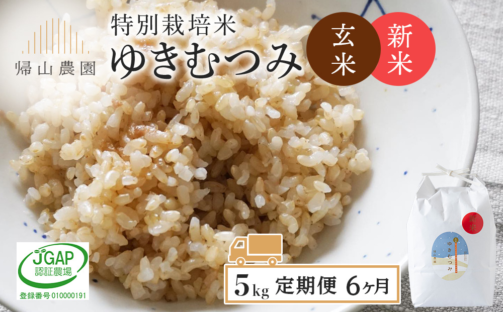【令和8年産新米予約】【定期便6カ月】玄米「ゆきむつみ5kg」特別栽培米産地直送《帰山農園》 米 こめ 北海道産お米 北海道米 美味しいお米 北海道産米 道産米
